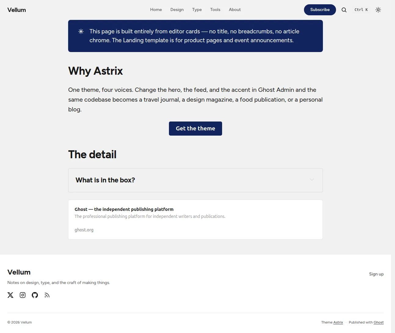 Landing template — a page built entirely from Koenig cards