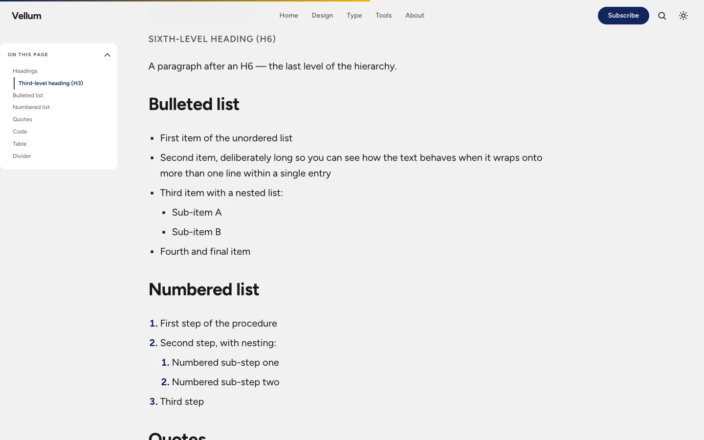 Typography specimen with table of contents